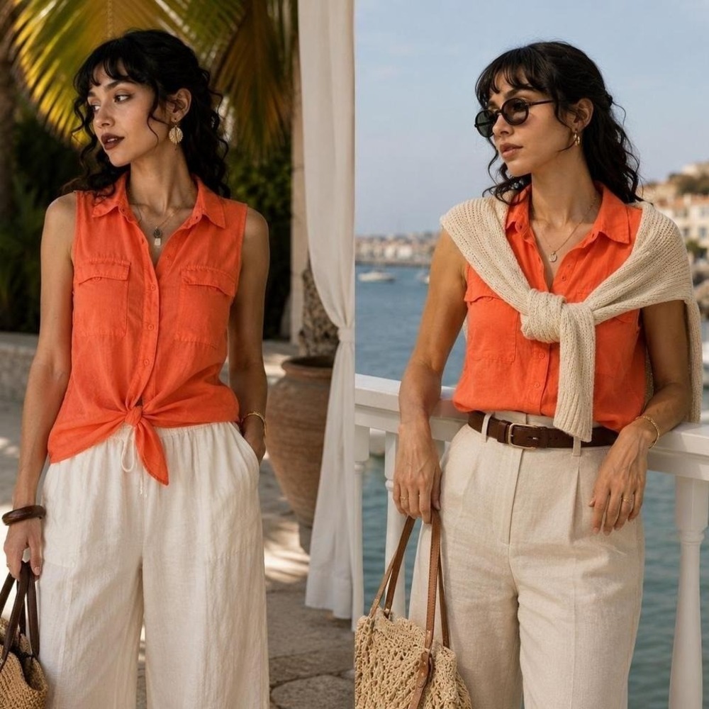 JNY Jones New York 100% Linen Sleeveless Utility Top Orange Sz XL Coastal Summer